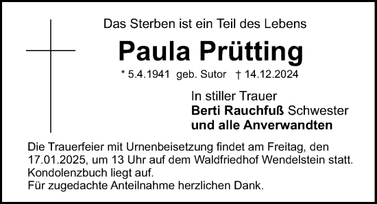 Traueranzeige von Paula Prütting von Gesamtausgabe Nürnberger Nachrichten/ Nürnberger Ztg.