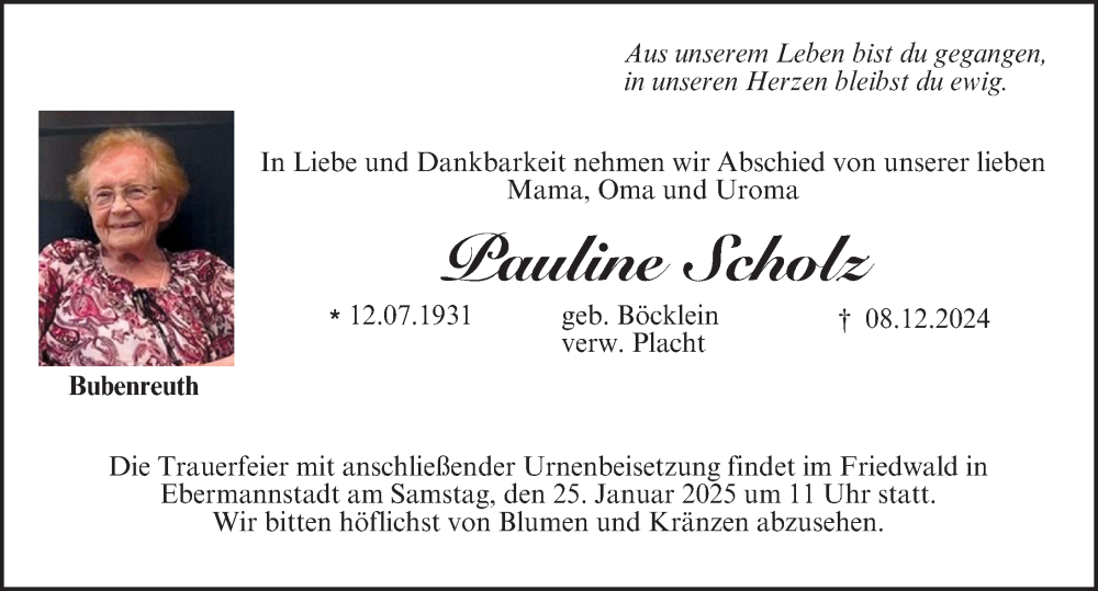  Traueranzeige für Pauline Scholz vom 11.01.2025 aus Erlanger Nachrichten Lokal