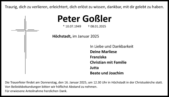 Traueranzeige von Peter Goßler von Nordbayerische Nachrichten Herzogenaurach Lokal