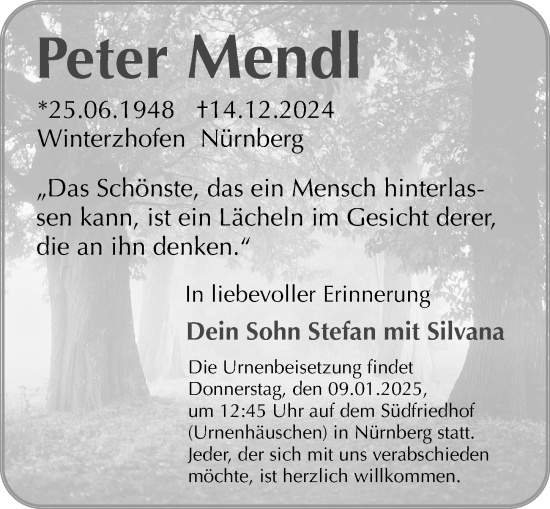 Traueranzeige von Peter Mendl von Gesamtausgabe Nürnberger Nachrichten/ Nürnberger Ztg.