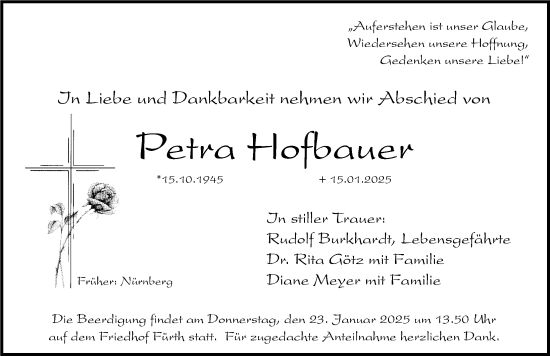 Traueranzeige von Petra Hofbauer von Gesamtausgabe Nürnberger Nachrichten/ Nürnberger Ztg.