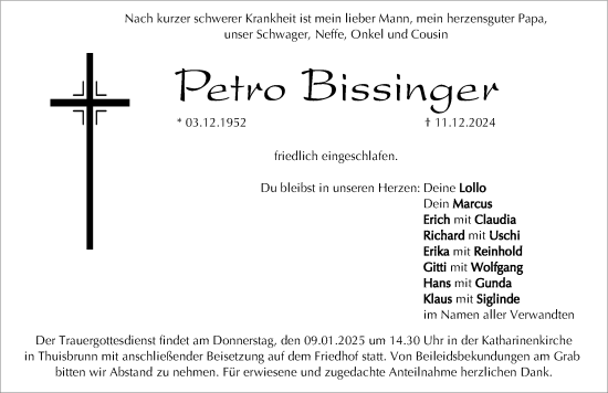 Traueranzeige von Petro Bissinger von Nordbayerische Nachrichten Forchheim Lokal