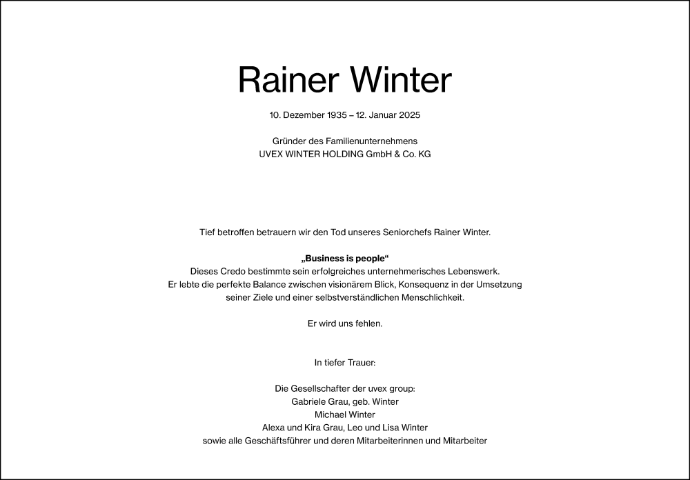  Traueranzeige für Rainer Winter vom 25.01.2025 aus Gesamtausgabe Nürnberger Nachrichten/ Nürnberger Ztg.