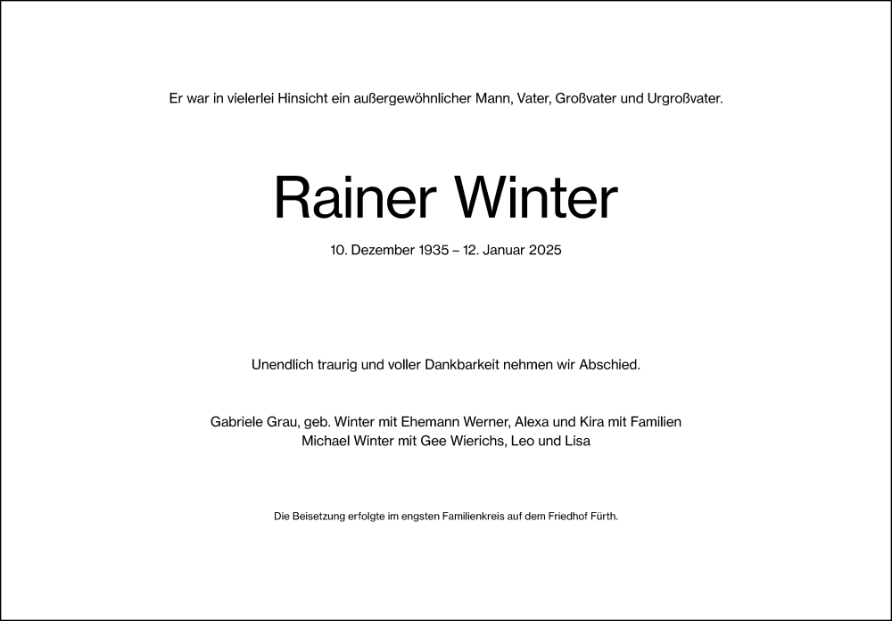  Traueranzeige für Rainer Winter vom 25.01.2025 aus Gesamtausgabe Nürnberger Nachrichten/ Nürnberger Ztg.