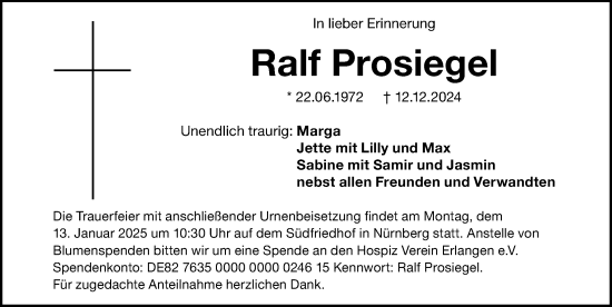 Traueranzeige von Ralf Prosiegel von Fürther Nachrichten Lokal