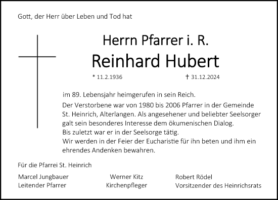 Traueranzeige von Reinhard Hubert von Erlanger Nachrichten Lokal