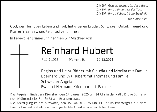 Traueranzeige von Reinhard Hubert von Erlanger Nachrichten Lokal