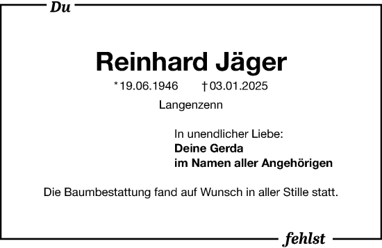 Traueranzeige von Reinhard Jäger von Fürther Nachrichten Lokal