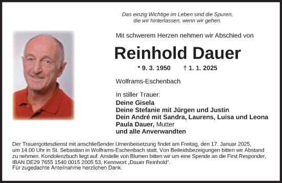 Traueranzeige von Reinhold Dauer von Altmühl-Bote Lokal