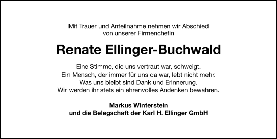 Traueranzeige von Renate Ellinger-Buchwald von Gesamtausgabe Nürnberger Nachrichten/ Nürnberger Ztg.
