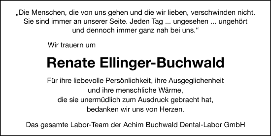 Traueranzeige von Renate Ellinger-Buchwald von Gesamtausgabe Nürnberger Nachrichten/ Nürnberger Ztg.