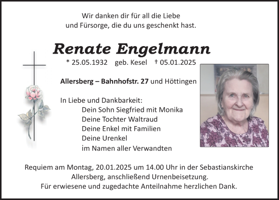 Traueranzeige von Renate Engelmann von Roth-Hilpoltsteiner Volkszeitung Lokal