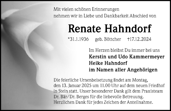 Traueranzeige von Renate Hahndorf von Fürther Nachrichten Lokal