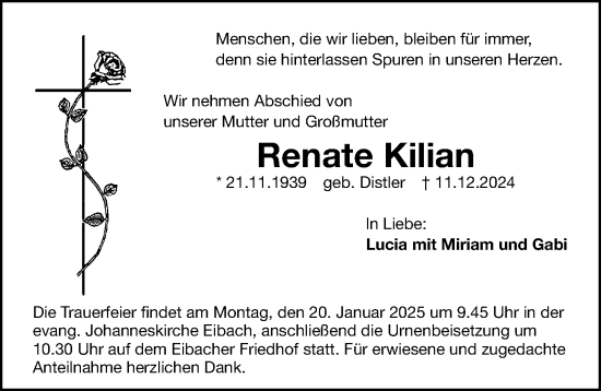 Traueranzeige von Renate Kilian von Gesamtausgabe Nürnberger Nachrichten/ Nürnberger Ztg.