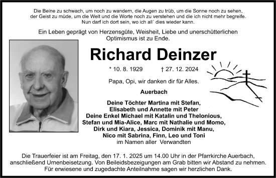 Traueranzeige von Richard Deinzer von Nordbayerische Nachrichten Pegnitz Lokal