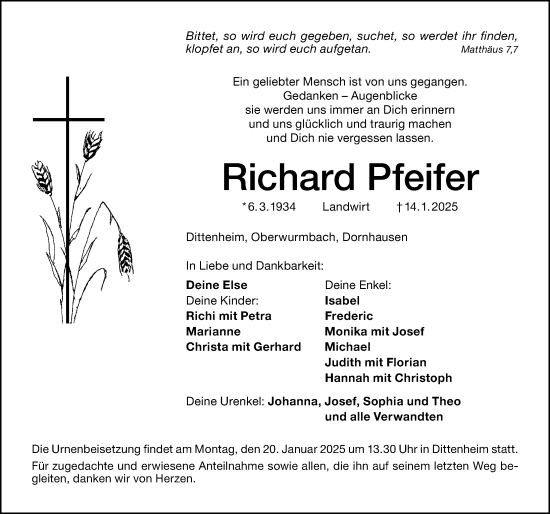 Traueranzeige von Richard Pfeifer von Altmühl-Bote Lokal