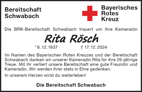 Traueranzeige von Rita Rösch von Schwabacher Tagblatt Lokal