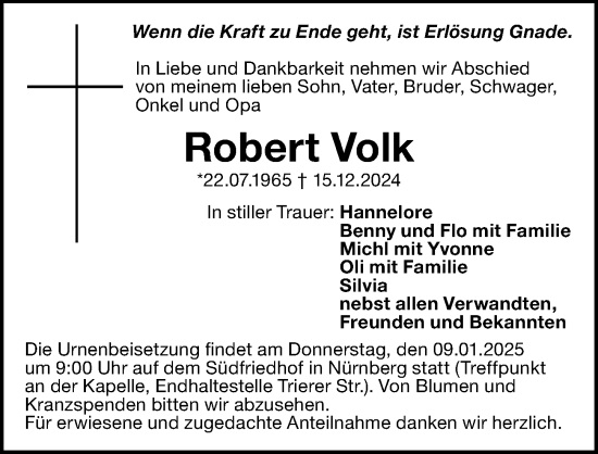 Traueranzeige von Robert Volk von Gesamtausgabe Nürnberger Nachrichten/ Nürnberger Ztg.