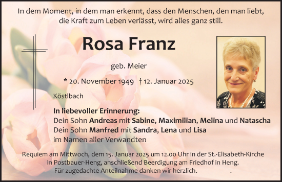Traueranzeige von Rosa Franz von Neumarkter Nachrichten Lokal