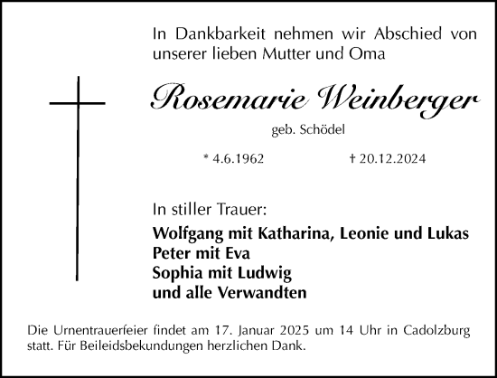 Traueranzeige von Rosemarie Weinberger von Fürther Nachrichten Lokal