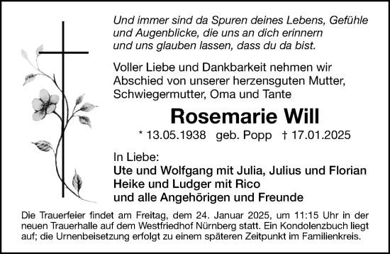 Traueranzeige von Rosemarie Will von Gesamtausgabe Nürnberger Nachrichten/ Nürnberger Ztg.