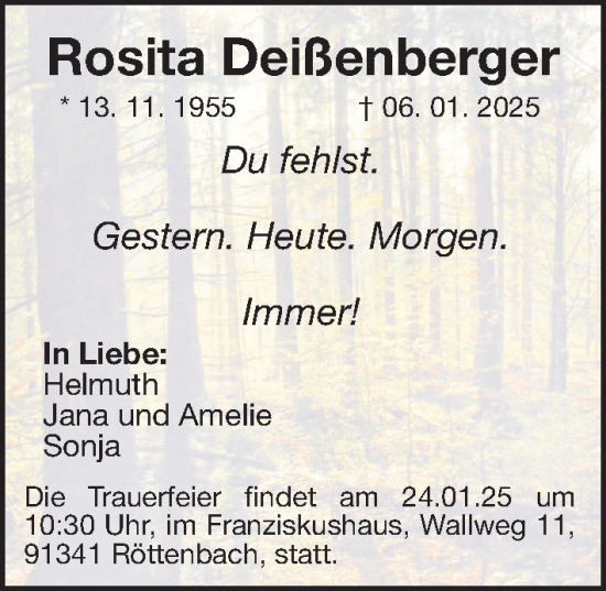 Traueranzeige von Rosita Deißenberger von Gesamtausgabe Nürnberger Nachrichten/ Nürnberger Ztg.