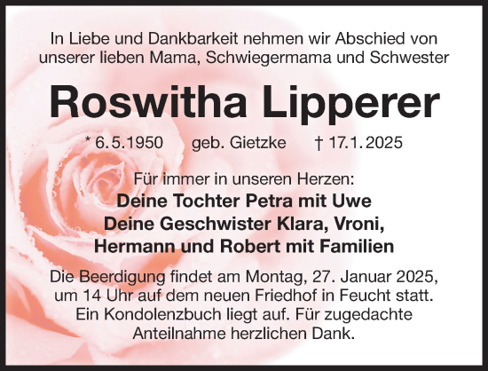 Traueranzeige von Roswitha Lipperer von Gesamtausgabe Nürnberger Nachrichten/ Nürnberger Ztg.