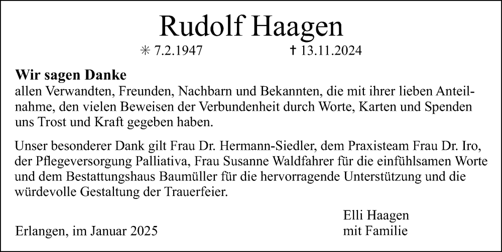 Traueranzeige für Rudolf Haagen vom 11.01.2025 aus Erlanger Nachrichten Lokal