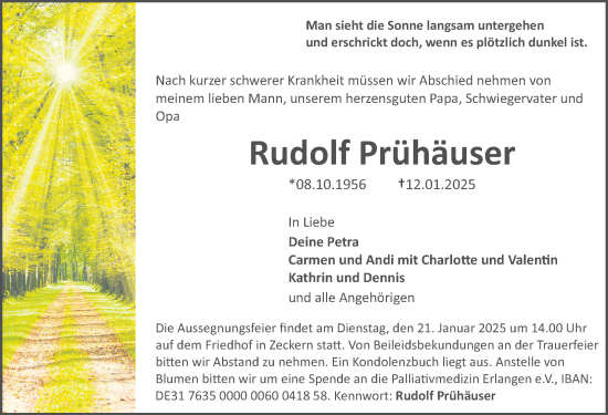 Traueranzeige von Rudolf Prühäuser von Erlanger Nachrichten Lokal