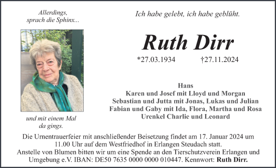 Traueranzeige von Ruth Dirr von Erlanger Nachrichten Lokal