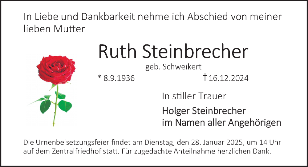  Traueranzeige für Ruth Steinbrecher vom 24.01.2025 aus Erlanger Nachrichten Lokal