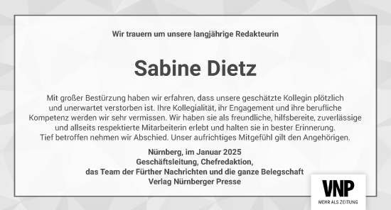 Traueranzeige von Sabine Dietz von Gesamtausgabe Nürnberger Nachrichten/ Nürnberger Ztg.