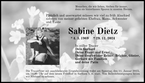 Traueranzeige von Sabine Dietz von Fürther Nachrichten Lokal