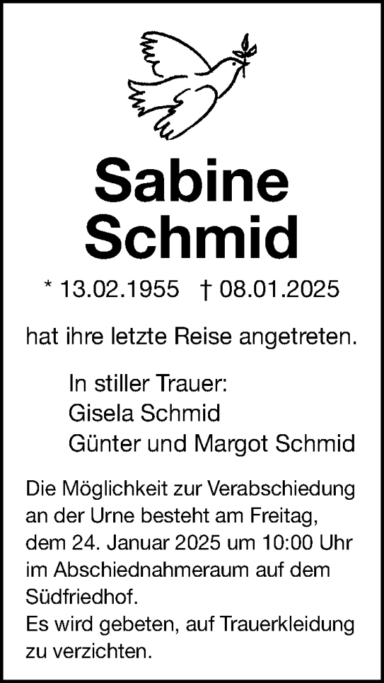 Traueranzeige von Sabine Schmid von Gesamtausgabe Nürnberger Nachrichten/ Nürnberger Ztg.