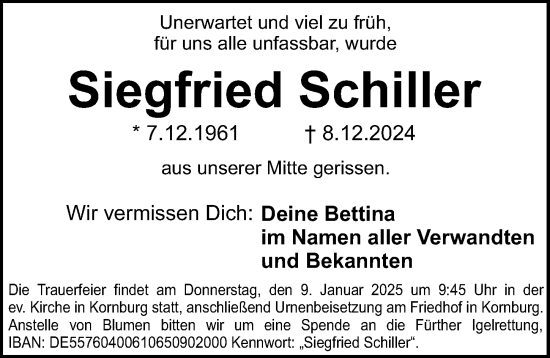 Traueranzeige von Siegfried Schiller von Gesamtausgabe Nürnberger Nachrichten/ Nürnberger Ztg.