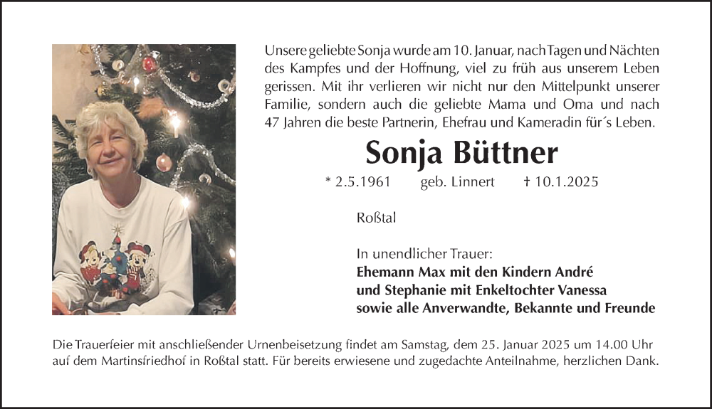  Traueranzeige für Sonja Büttner vom 22.01.2025 aus Gesamtausgabe Nürnberger Nachrichten/ Nürnberger Ztg.