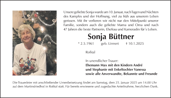 Traueranzeige von Sonja Büttner von Gesamtausgabe Nürnberger Nachrichten/ Nürnberger Ztg.