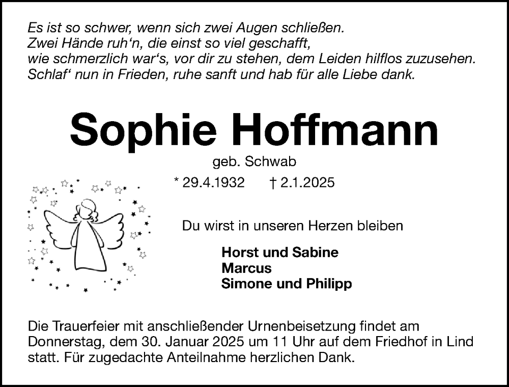 Traueranzeige für Sophie Hoffmann vom 25.01.2025 aus Fürther Nachrichten Lokal