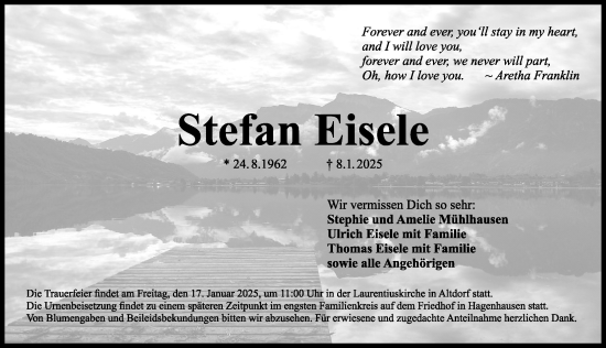 Traueranzeige von Stefan Eisele von Gesamtausgabe Nürnberger Nachrichten/ Nürnberger Ztg.