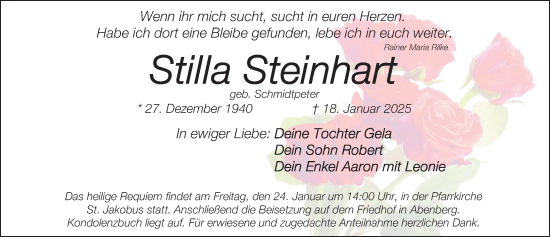 Traueranzeige von Stilla Steinhart von HST,HRHV