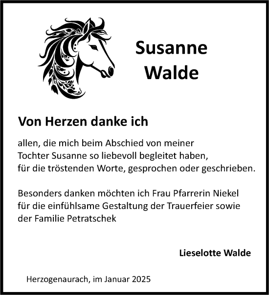 Traueranzeige von Susanne Walde von Gesamtausgabe Nürnberger Nachrichten/ Nürnberger Ztg.
