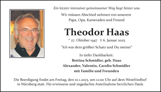 Traueranzeige von Theodor Haas von Gesamtausgabe Nürnberger Nachrichten/ Nürnberger Ztg.