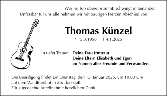 Traueranzeige von Thomas Künzel von Gesamtausgabe Nürnberger Nachrichten/ Nürnberger Ztg.