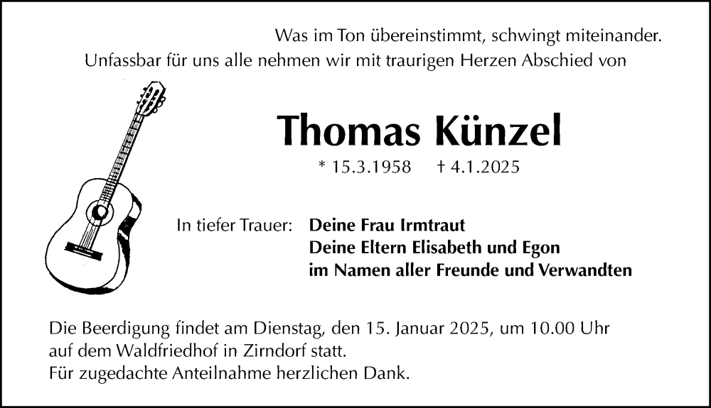  Traueranzeige für Thomas Künzel vom 11.01.2025 aus Gesamtausgabe Nürnberger Nachrichten/ Nürnberger Ztg.