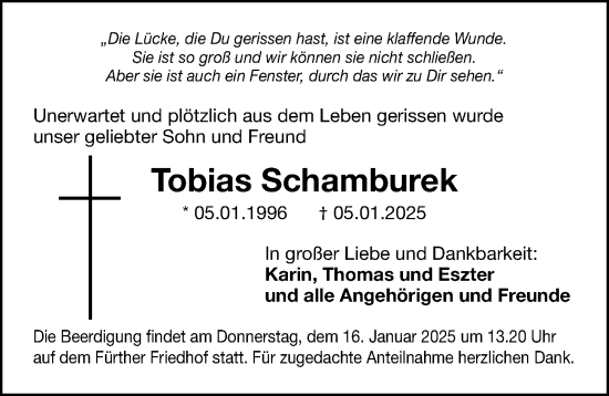 Traueranzeige von Tobias Schamburek von Fürther Nachrichten Lokal