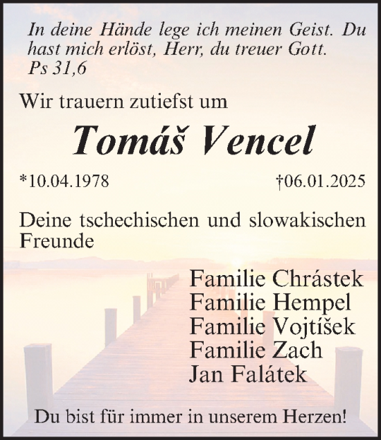 Traueranzeige von Tomas Vencel von Erlanger Nachrichten Lokal