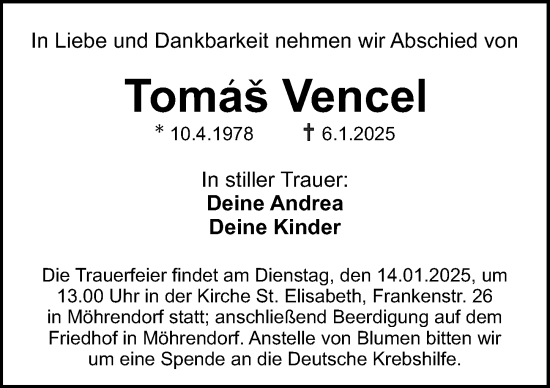 Traueranzeige von Tomas Vencel von Erlanger Nachrichten Lokal