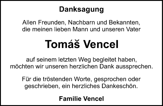 Traueranzeige von Tomas Vencel von Erlanger Nachrichten Lokal