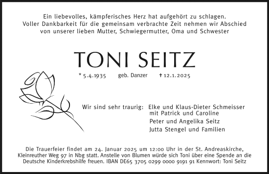 Traueranzeige von Toni Seitz von Gesamtausgabe Nürnberger Nachrichten/ Nürnberger Ztg.