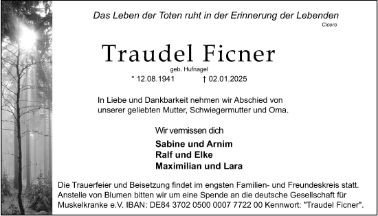 Traueranzeige von Traudel Ficner von Gesamtausgabe Nürnberger Nachrichten/ Nürnberger Ztg.